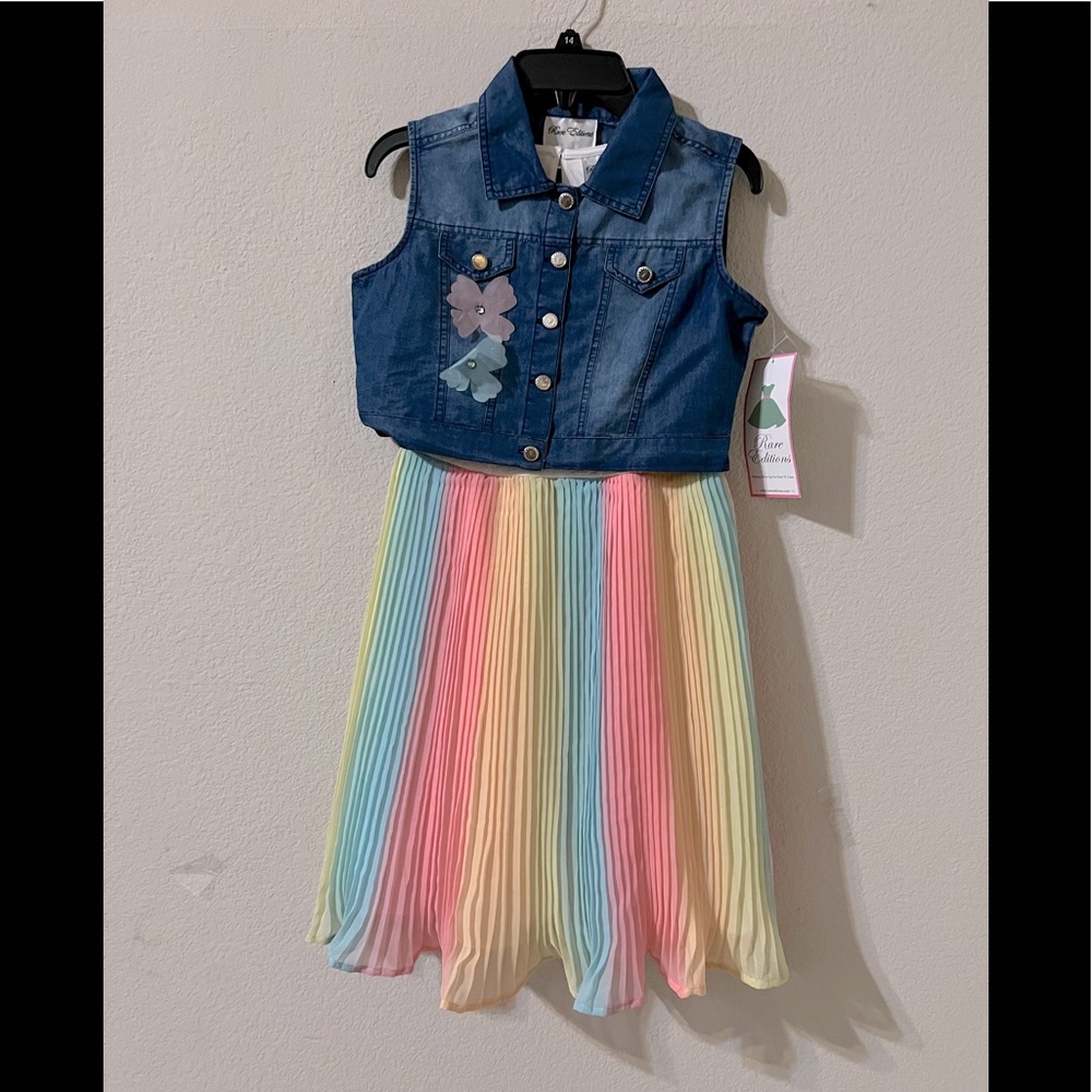 Rare Editions Two-piece Multicolored Pleats Dress & Denim Vest for Girls SZ 14